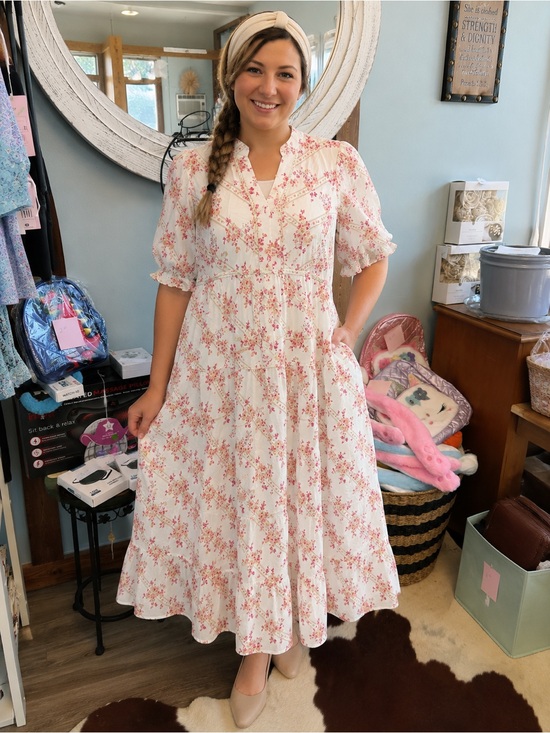 easel Dresses & Skirts - easel White Floral-Print Tiered Midi Dress with Pink Accents
